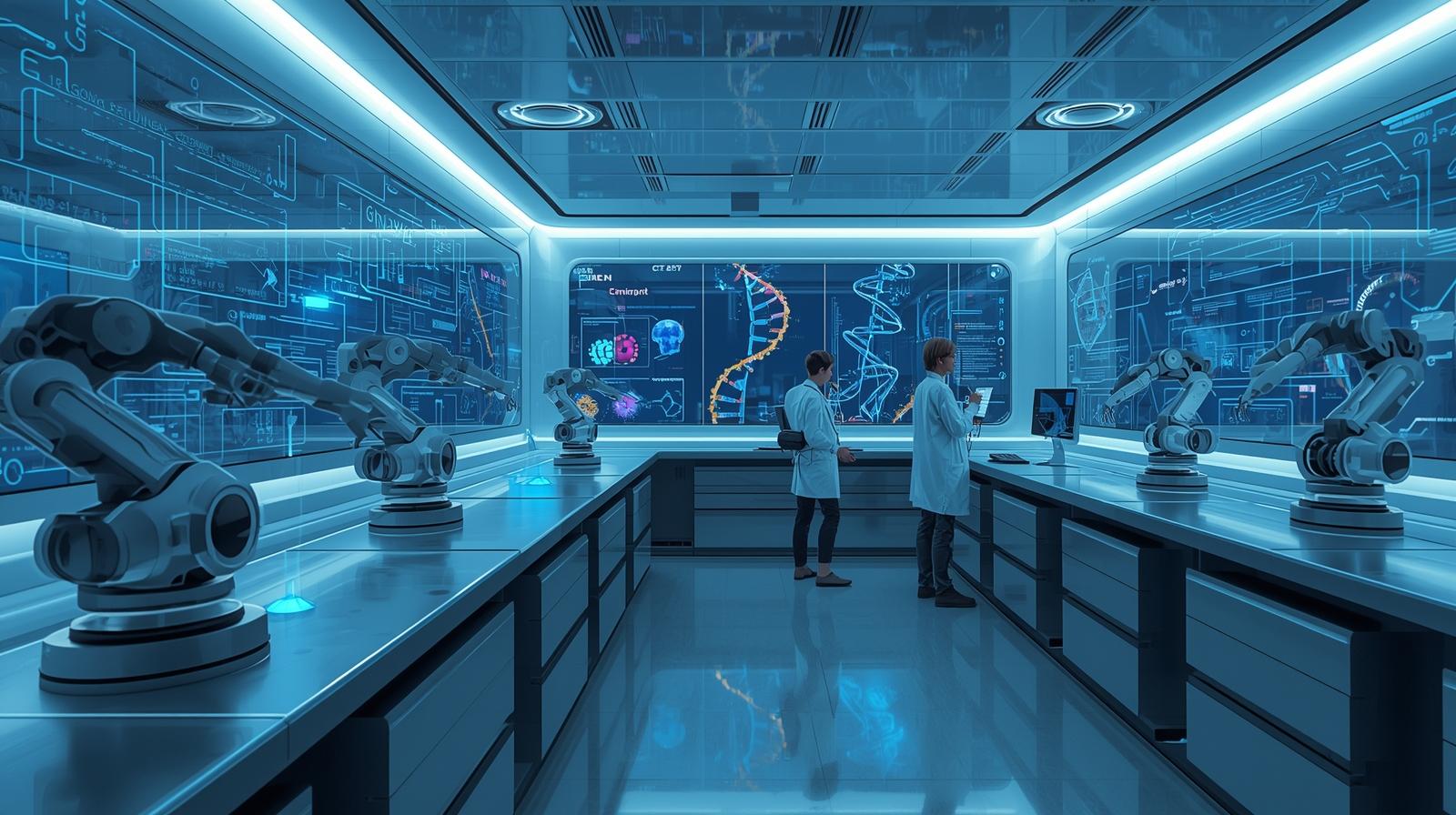 Futuristic laboratory with robotic arms and scientists viewing DNA data.